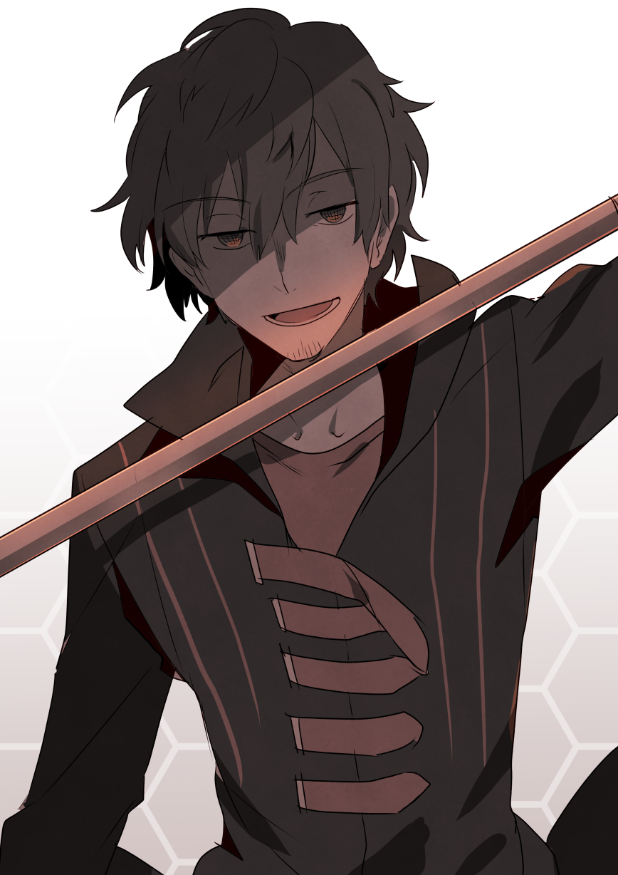 nikame, tachikawa kei, world trigger, highres, facial hair, goatee, holding, holding sword, holding weapon, jacket, open mouth, shirt, sword, weapon, white background