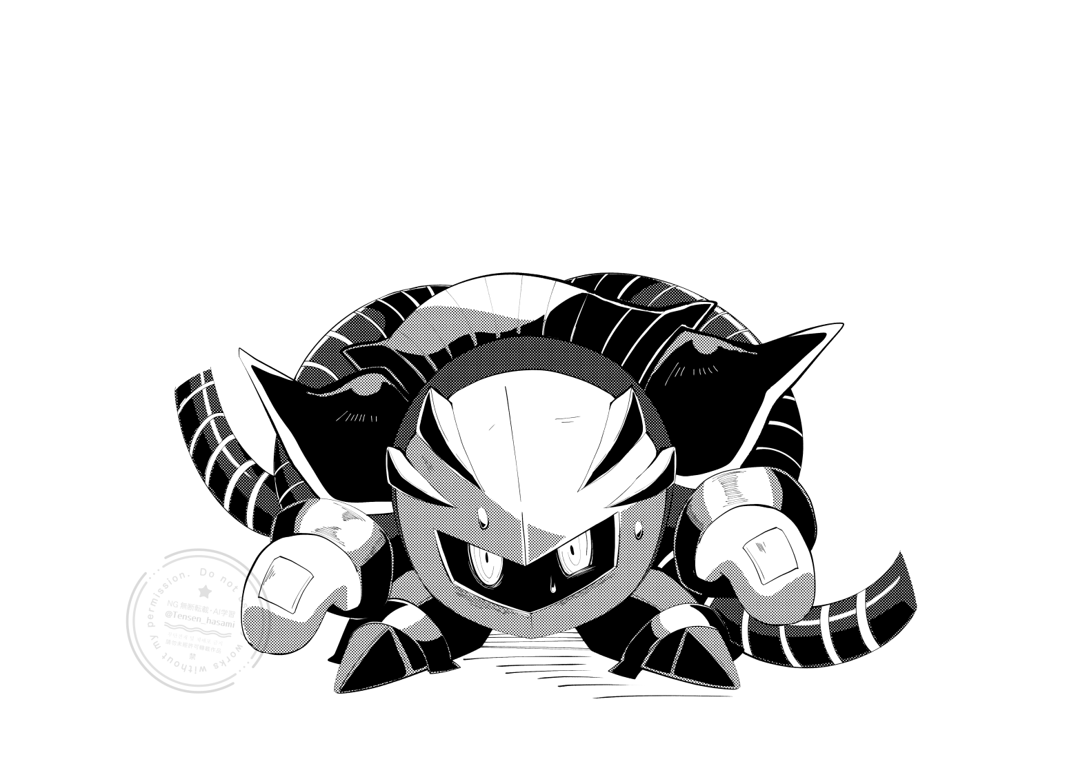tensen yattoko, meta knight, kirby (series), nintendo, textless version, armor, cape, eye twitch, full body, gloves, greyscale, looking at viewer, mask, monochrome, nervous sweating, no humans, restrained, ringed eyes, shoulder armor, simple background, stationary restraints, sweat, watermark, white background