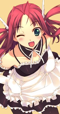 murakami suigun, arashiyama tomoe, nettai teikiatsu shoujo, lowres, elbow gloves, gloves, green eyes, maid, one eye closed, pantyhose, red hair, solo, wink