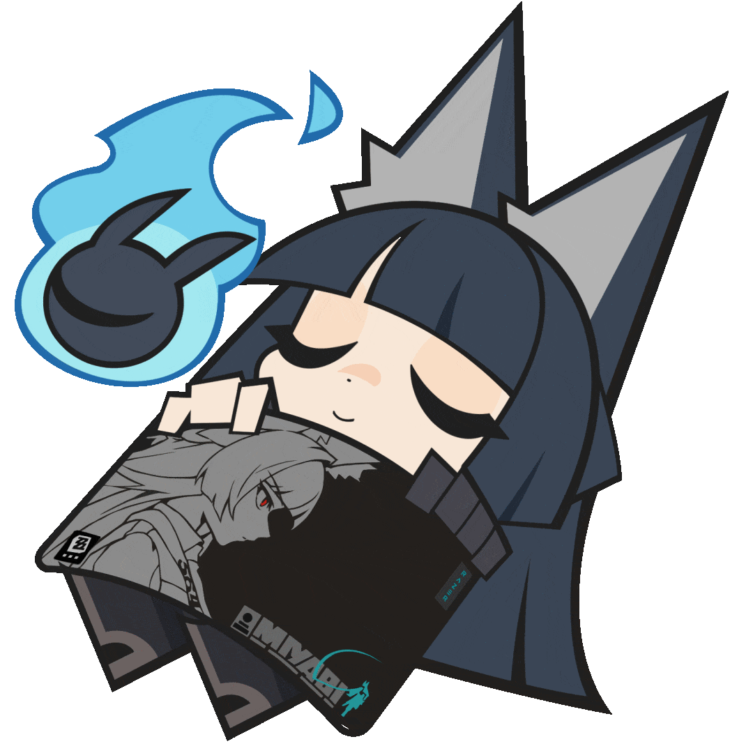 hoshimi miyabi, razer, zenless zone zero, animated, animated gif, looping animation, official art, 1girl, animal ears, black gloves, black hair, blunt bangs, character name, character print, chibi, fingerless gloves, fox ears, fox girl, gloves, long hair, long sleeves, mousepad (object), single glove, sleeping, smile, transparent background