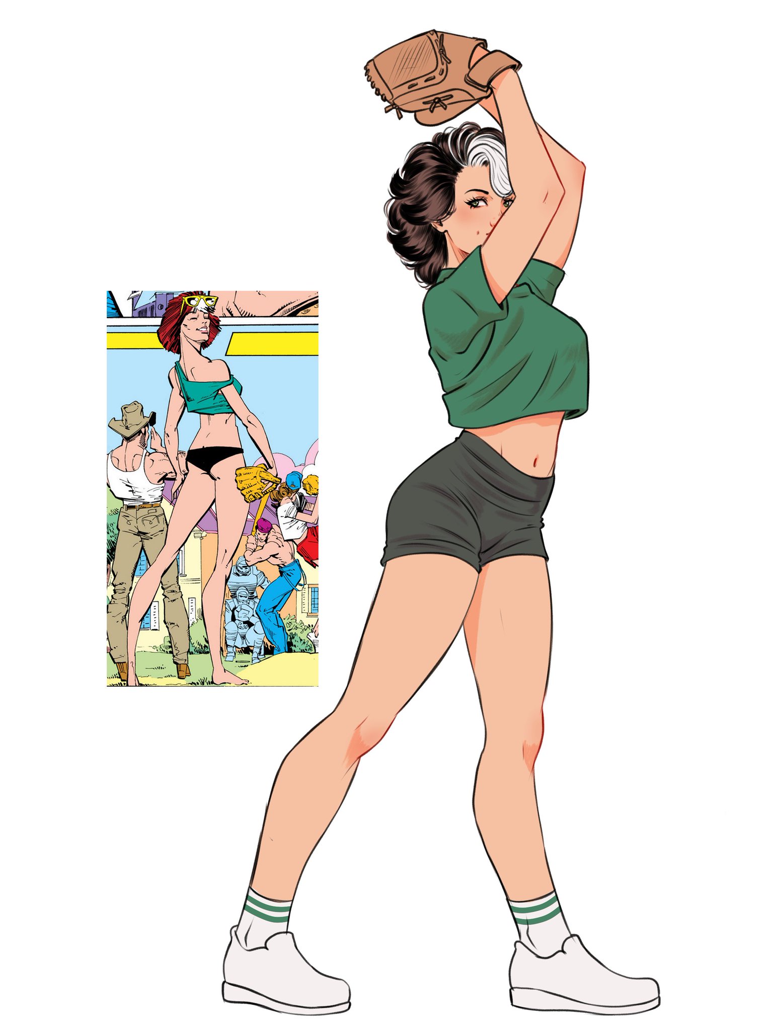 padawan carol, rogue (x-men), marvel, x-men, highres, 1girl, bodysuit, brown hair, colored bangs, green bodysuit, green eyes, looking at viewer