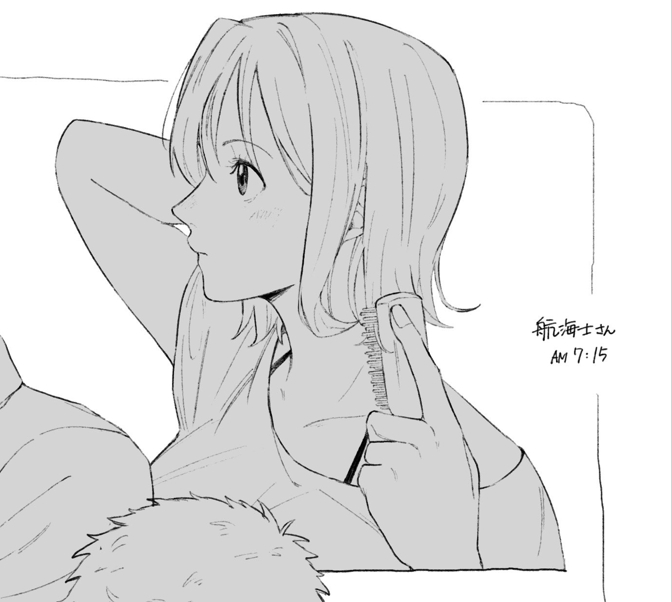 iqracha, nami (one piece), one piece, highres, 1girl, blush, bra strap, brushing hair, closed mouth, collarbone, comb, eyelashes, greyscale, holding, holding comb, looking ahead, monochrome, shirt, short hair, solo focus, upper body, white background
