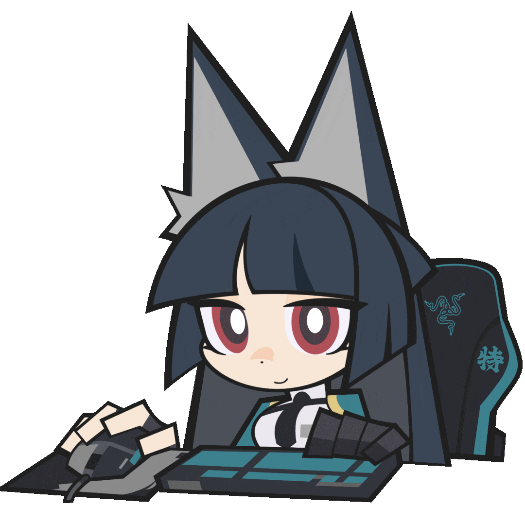 hoshimi miyabi, razer, zenless zone zero, animated, animated gif, looping animation, official art, 1girl, animal ears, aqua jacket, black gloves, black hair, black necktie, blunt bangs, bright pupils, chair, chibi, computer keyboard, computer mouse, desk, fingerless gloves, fox ears, fox girl, gaming chair, gloves, jacket, long hair, long sleeves, necktie, red eyes, shirt, sitting, smile, sparkle, swivel chair, transparent background, upper body, white pupils, white shirt