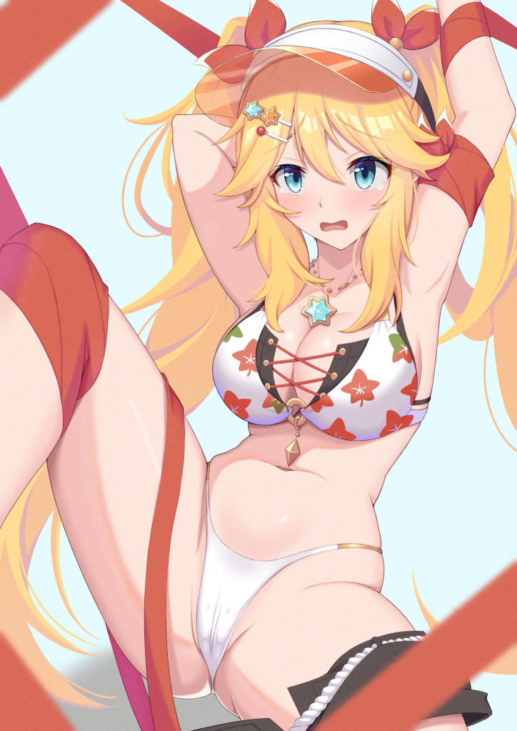iseshi, ninon (princess connect!), princess connect!, 1girl, armor, armpits, arms up, bikini, blonde hair, blue eyes, breasts, cross-laced bikini, cross-laced clothes, floral print, hair ornament, hairpin, high-waist bikini, jewelry, knee up, large breasts, layered bikini, long hair, multiple hairpins, necklace, ninon (summer) (princess connect!), open mouth, ribbon, shorts, shorts around one leg, star (symbol), star necklace, swimsuit, twintails, very long hair, white bikini