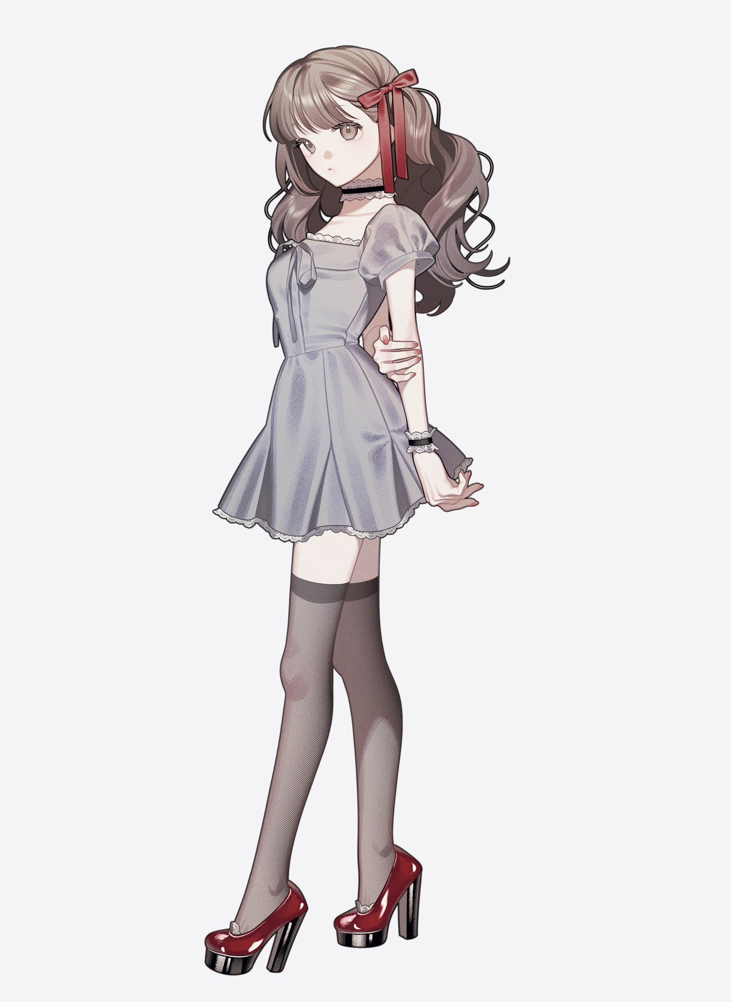 nanoka san, original, commission, highres, 1girl, breasts, brown eyes, brown hair, choker, dress, expressionless, full body, grey dress, hair ribbon, high heels, long hair, looking at viewer, ribbon, simple background, small breasts, solo, thighhighs, white background, zettai ryouiki