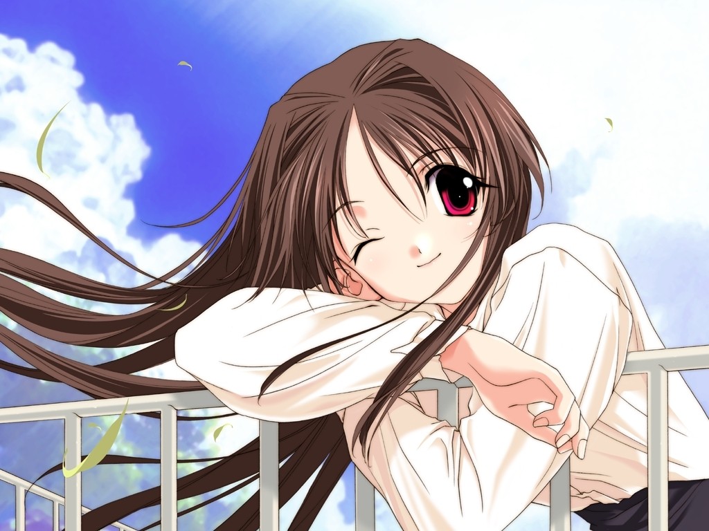 sasaki mutsumi, ichimonji mutsuki, happy lesson, 00s, 1girl, brown hair, cloud, day, female focus, long hair, one eye closed, railing, red eyes, shirt, sky, smile, solo, wind, wink