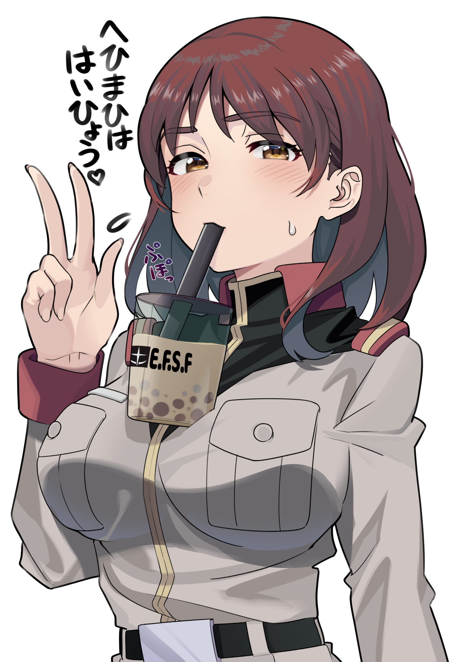 yamany, noel anderson, gundam, gundam lost war chronicles, highres, 1girl, belt, blush, breasts, brown eyes, brown hair, bubble tea, bubble tea challenge, drink, drinking, drinking straw, drinking straw in mouth, earth federation space forces, jacket, large breasts, logo, looking at viewer, military, military uniform, object on breast, science fiction, short hair, solo, sweatdrop, upper body, v