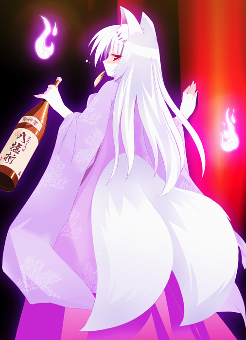 tsuchiyama niu, silver hair, alcohol, animal ears, drunk, fox ears, fox tail, japanese clothes, multiple tails, sake, solo, tail