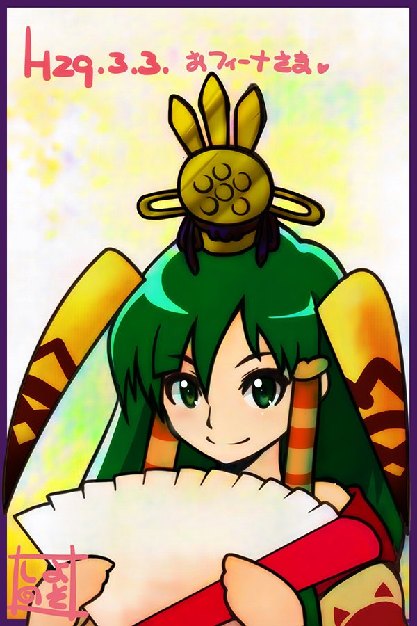 yososhi, feena (grandia), grandia, grandia i, 1girl, closed mouth, green eyes, green hair, hair ornament, hair tubes, hand fan, long hair, looking at viewer, smile, solo