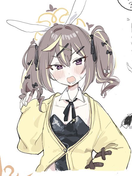 touhou90275, rena (blue archive), blue archive, 1girl, animal ears, black leotard, black ribbon, blonde hair, blush, bow, brown hair, cardigan, detached collar, fake animal ears, hair bow, hair ornament, hair ribbon, halo, leotard, long sleeves, looking at viewer, multicolored hair, neck ribbon, open mouth, playboy bunny, purple eyes, rabbit ears, ribbon, simple background, sleeves past wrists, solo, strapless, strapless leotard, streaked hair, sweatdrop, twintails, upper body, white background, x hair ornament, yellow cardigan
