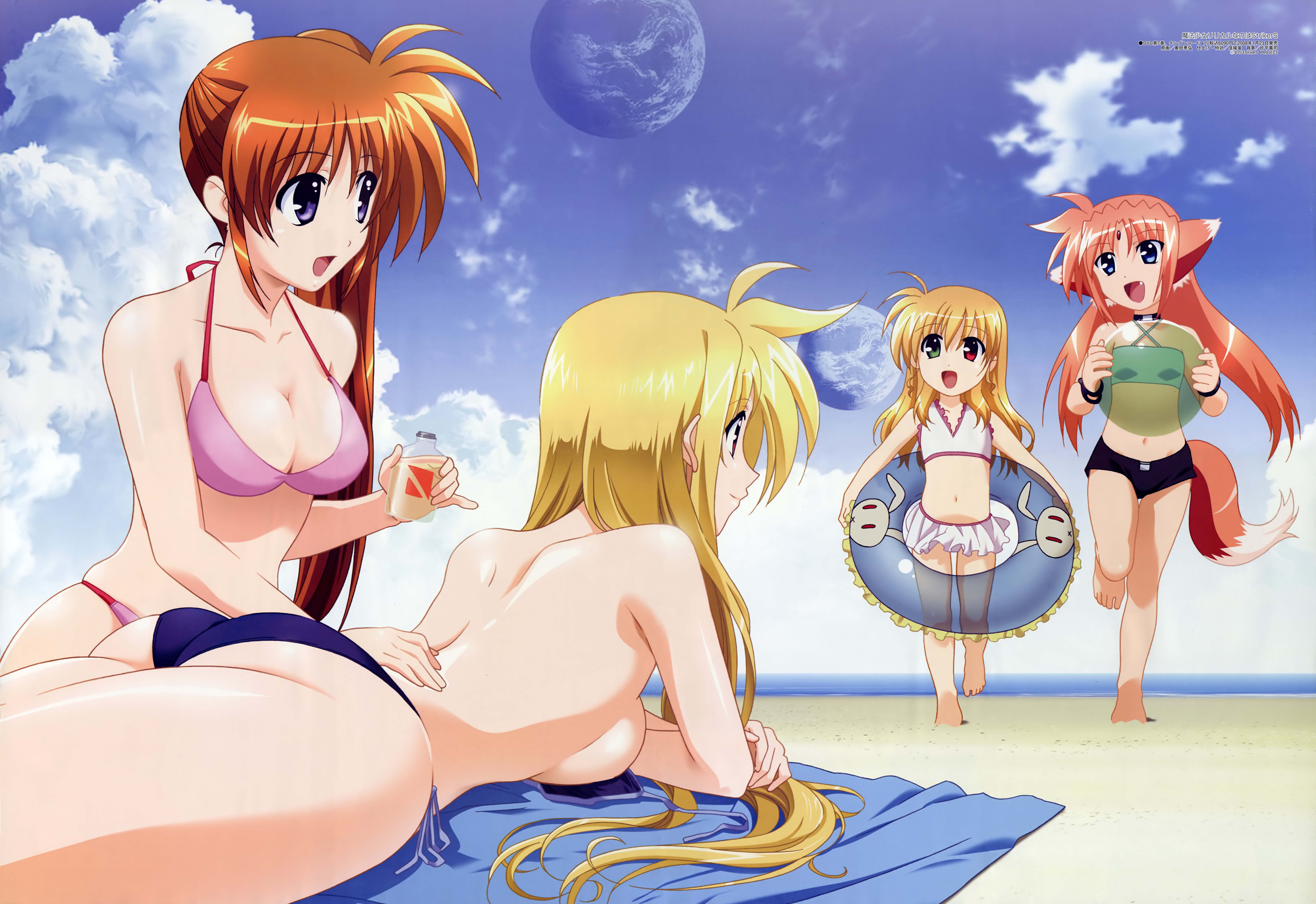 okuda yasuhiro, arf, fate testarossa, takamachi nanoha, vivio, lyrical nanoha, mahou shoujo lyrical nanoha, mahou shoujo lyrical nanoha strikers, megami magazine, topless, absurdres, duplicate, highres, official art, 00s, 4girls, animal ears, ass, beach, bikini, blonde hair, breasts, brown hair, cleavage, cloud, cream, day, earth (planet), fox, fox ears, fox tail, innertube, large breasts, medium breasts, multiple girls, ocean, outdoors, red hair, side-tie bikini bottom, sideboob, sky, swimsuit, tail, topfreedom, yuri