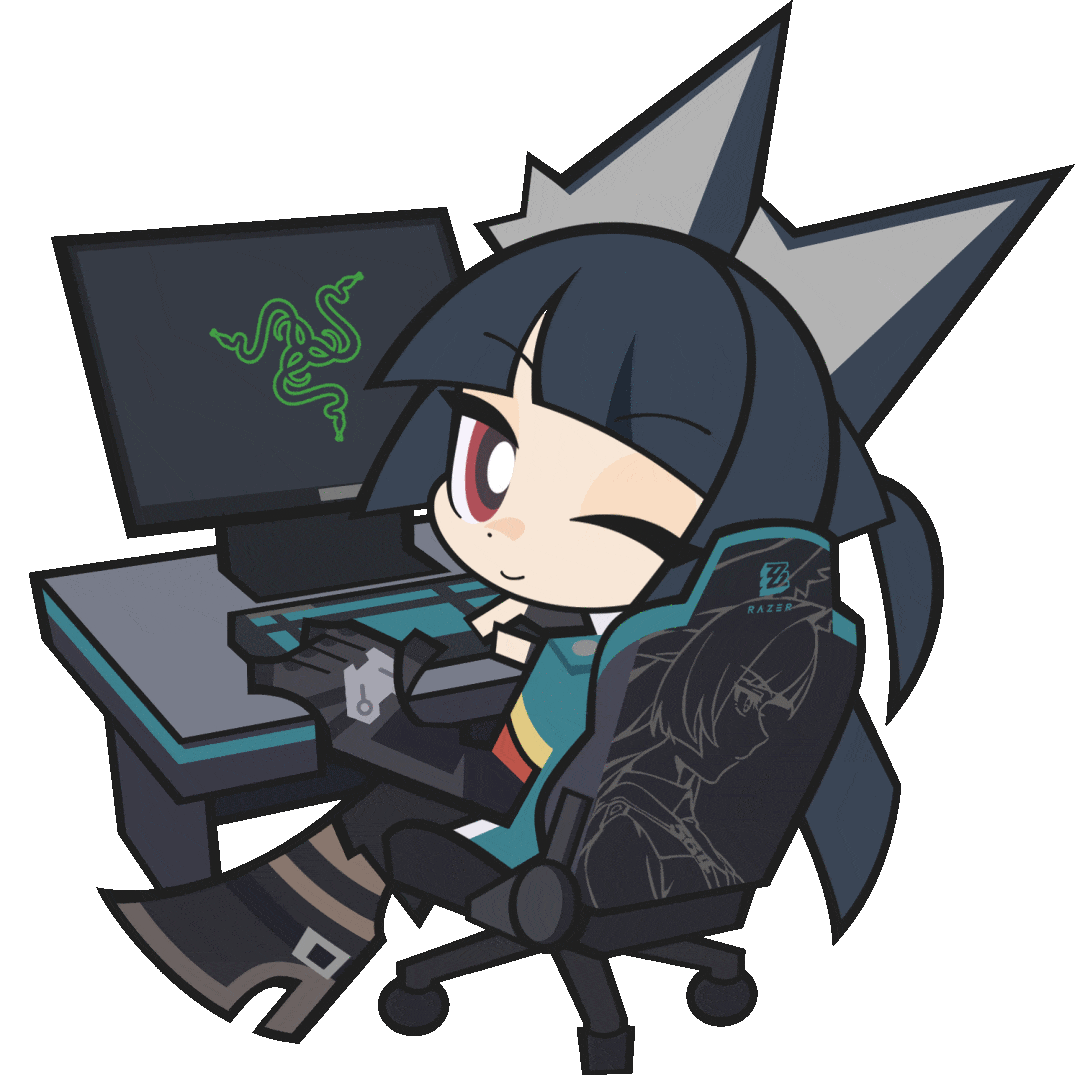 hoshimi miyabi, razer, zenless zone zero, animated, animated gif, looping animation, official art, 1girl, animal ears, aqua jacket, at computer, black gloves, black hair, black necktie, blunt bangs, bright pupils, chair, character print, chibi, computer keyboard, fingerless gloves, fox ears, fox girl, full body, gaming chair, gloves, jacket, long hair, long sleeves, monitor, necktie, one eye closed, red eyes, shirt, sitting, smile, swivel chair, transparent background, upper body, white pupils, white shirt