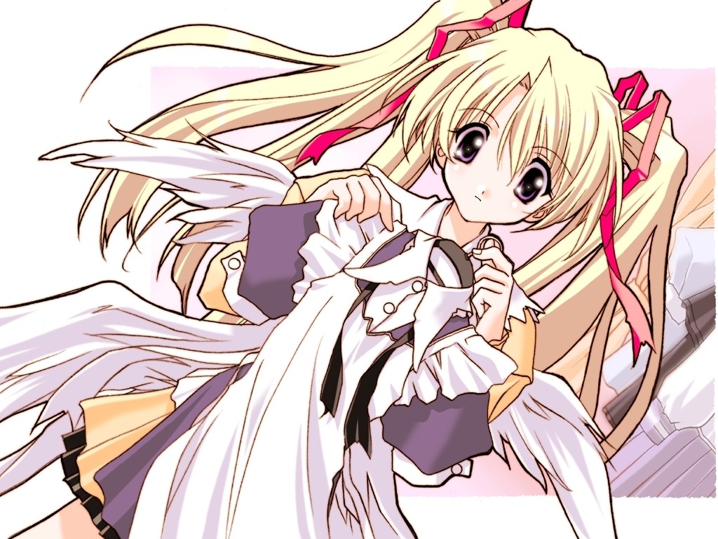 sasaki mutsumi, shitenno uzuki, happy lesson, 00s, 1girl, angel wings, blonde hair, blush, dress, dutch angle, female focus, hair ribbon, holding, long hair, long sleeves, red ribbon, ribbon, solo, twintails, very long hair, white dress, white wings, wings