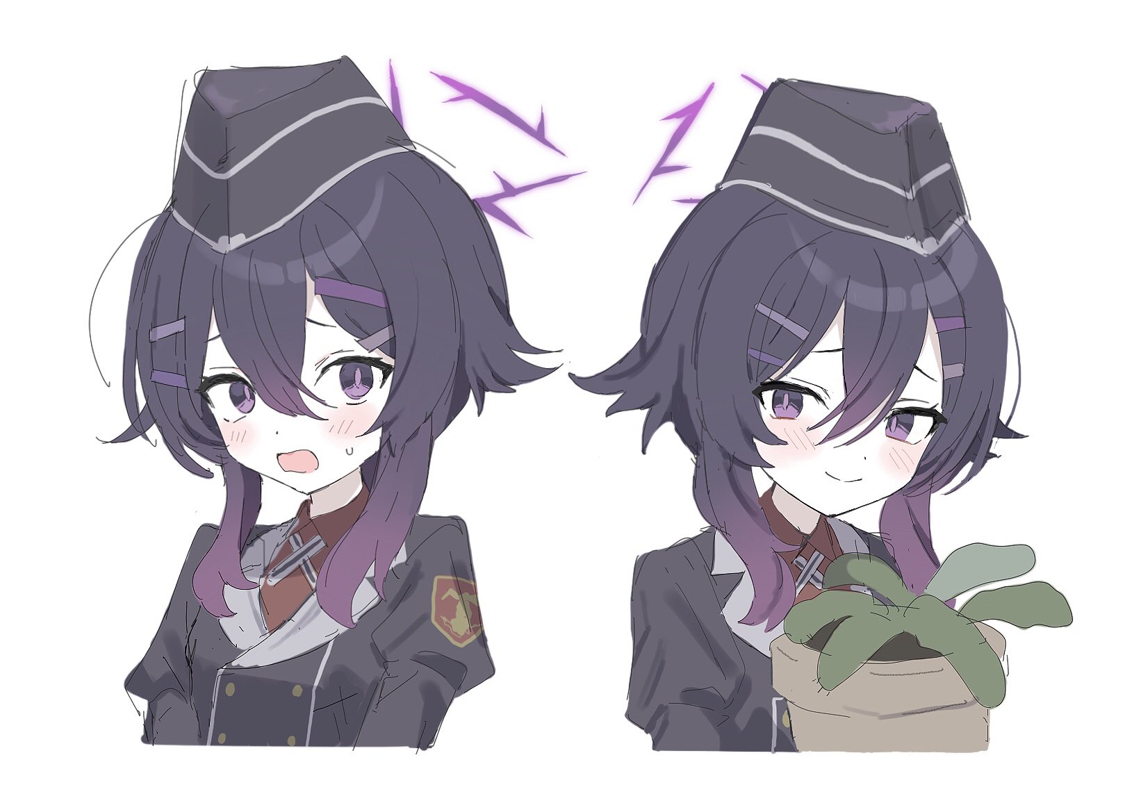 tori kawayu, haruka (blue archive), blue archive, highres, 1girl, black hat, black jacket, blush, collared shirt, cropped torso, garrison cap, hair between eyes, hair ornament, hairclip, hat, jacket, multiple views, open mouth, plant, potted plant, purple eyes, purple hair, red shirt, shirt, short hair with long locks, simple background, smile, sweat, upper body, white background