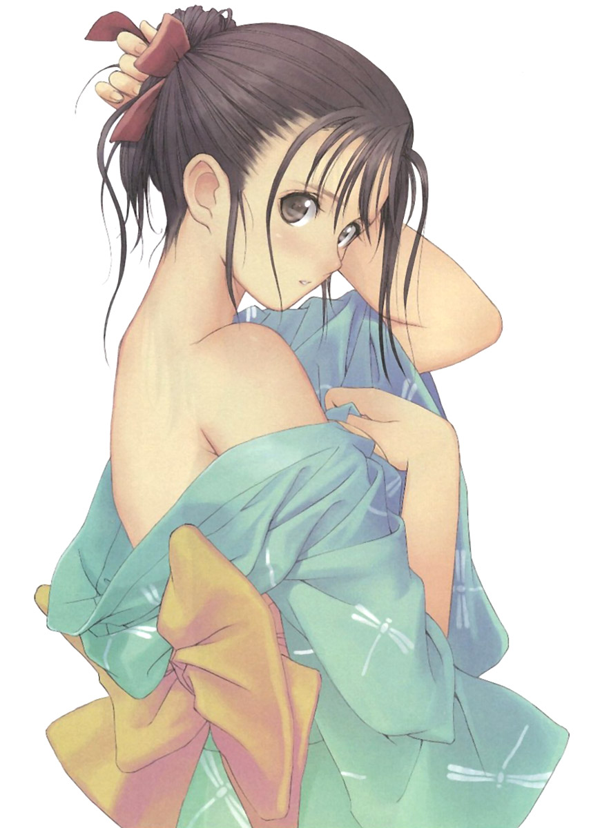tony taka, dengeki hime, highres, 1girl, artistic error, bad anatomy, bare shoulders, black eyes, breasts, brown hair, female focus, green kimono, hair ribbon, japanese clothes, kimono, looking at viewer, no bra, open clothes, ribbon, simple background, solo, wrong hand, yukata