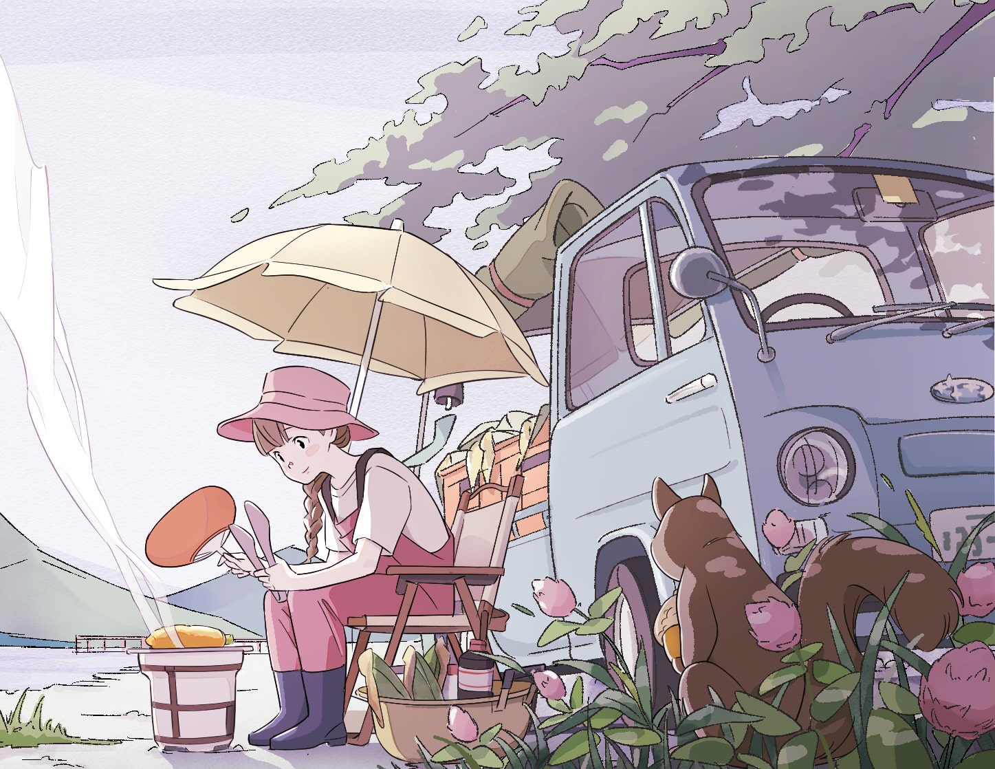 morison, original, chinese commentary, commentary, 1girl, animal, boots, braid, brown hair, chair, cooking, day, flower, folding chair, from side, grey boots, grey shirt, grey sky, hand fan, hat, holding, holding fan, holding tongs, long hair, looking at food, motor vehicle, on chair, outdoors, overalls, paper fan, parasol, pink flower, pink hat, pink overalls, shirt, short sleeves, single braid, sitting, sky, solo, squirrel, t-shirt, tongs, tree, truck, umbrella
