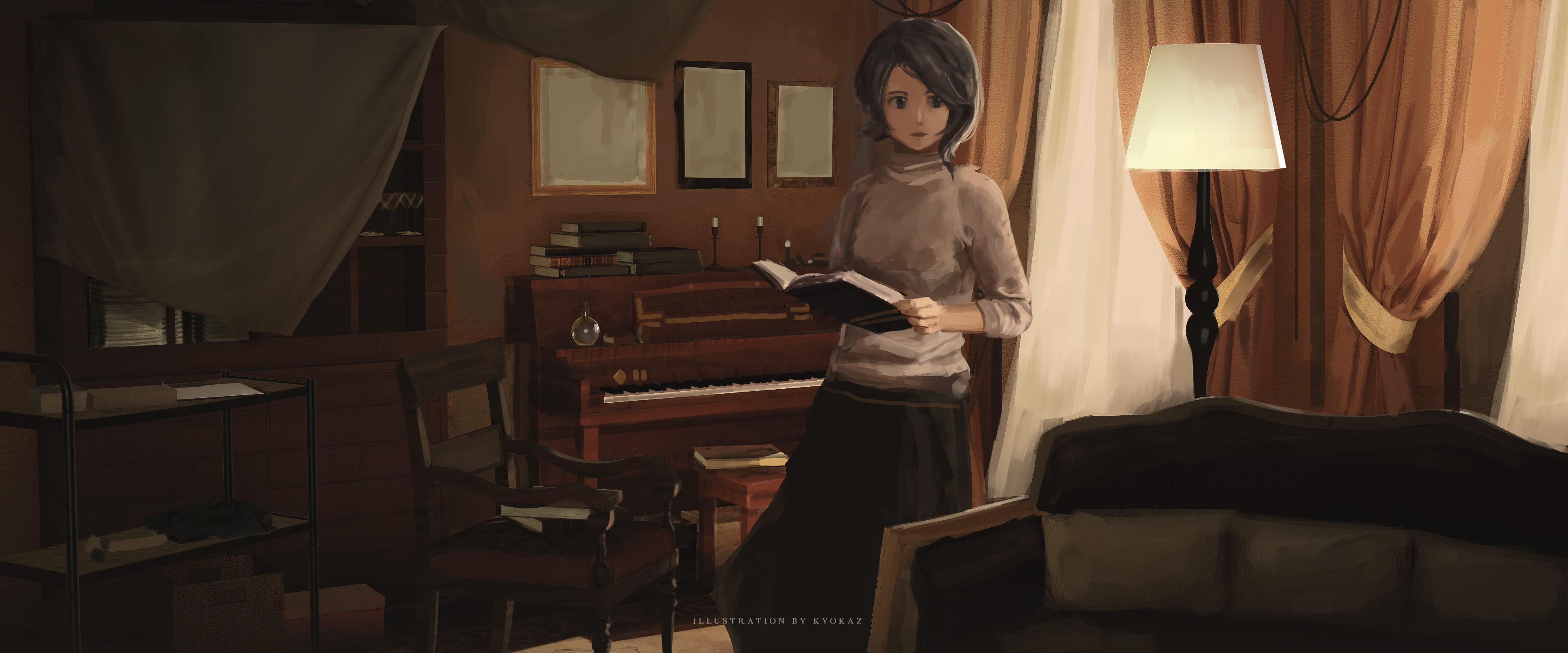 faiz azhar, original, absurdres, highres, 1girl, book, couch, holding, holding book, indoors, living room