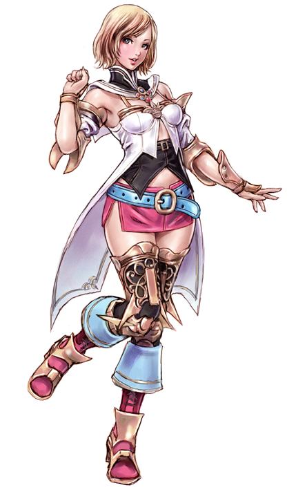 yamashita shun'ya, ashelia b'nargin dalmasca, final fantasy, final fantasy xii, bad id, bad pixiv id, 00s, 1girl, aqua eyes, armpits, belt, blonde hair, blue eyes, boots, brooch, detached sleeves, dress, female focus, flat chest, full body, high heels, hip focus, jewelry, knee boots, lips, lipstick, makeup, midriff, miniskirt, shoes, short hair, skirt, smile, solo, standing, standing on one leg, thighhighs, turtleneck, wide hips, zettai ryouiki