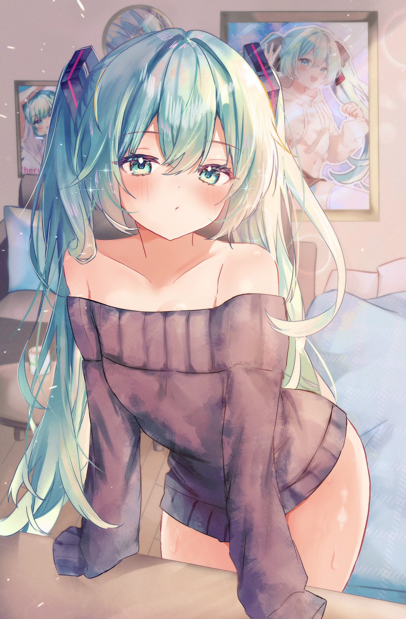 natukisigure, hatsune miku, vocaloid, commentary request, highres, 1girl, aqua eyes, aqua hair, bare shoulders, blush, breasts, chabudai (table), closed mouth, collarbone, crossed bangs, cushion, dot nose, eyelashes, hair between eyes, hair ornament, indoors, leaning forward, leaning on table, long hair, long sleeves, looking at viewer, no pants, off-shoulder sweater, off shoulder, painting (object), picture frame, pout, shiny skin, sidelocks, sleeves past fingers, sleeves past wrists, small breasts, solo, sweat, sweater, table, tea, thighs, twintails, very long hair, wooden floor