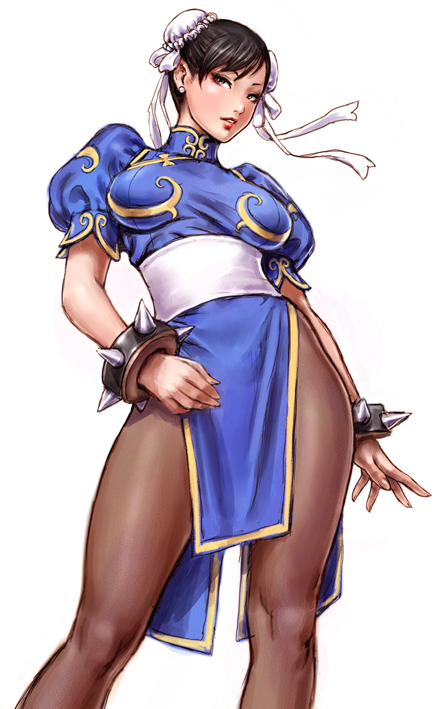 yamashita shun'ya, chun-li, capcom, street fighter, bad id, bad pixiv id, 1girl, bracelet, bun cover, china dress, chinese clothes, double bun, dress, eyeshadow, female focus, hair bun, jewelry, makeup, pantyhose, pelvic curtain, solo, spiked bracelet, spikes