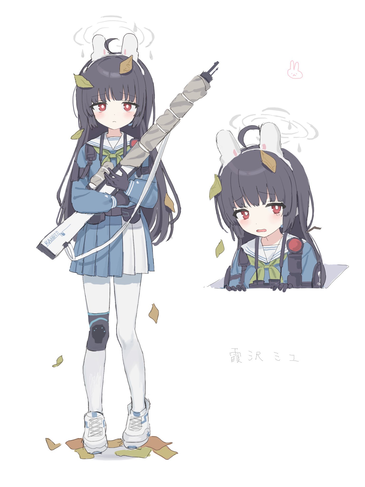 tori kawayu, miyu (blue archive), blue archive, highres, 1girl, animal ears, black gloves, black hair, blush, bolt action, closed mouth, fake animal ears, gloves, green neckerchief, gun, halo, holding, holding gun, holding weapon, knee pads, leaf, leaf on head, long hair, long sleeves, mosin-nagant, multiple views, neckerchief, open mouth, pantyhose, pleated skirt, red eyes, rifle, sailor collar, shoes, simple background, single knee pad, skirt, sneakers, standing, weapon, white background, white pantyhose, white sailor collar, white shoes