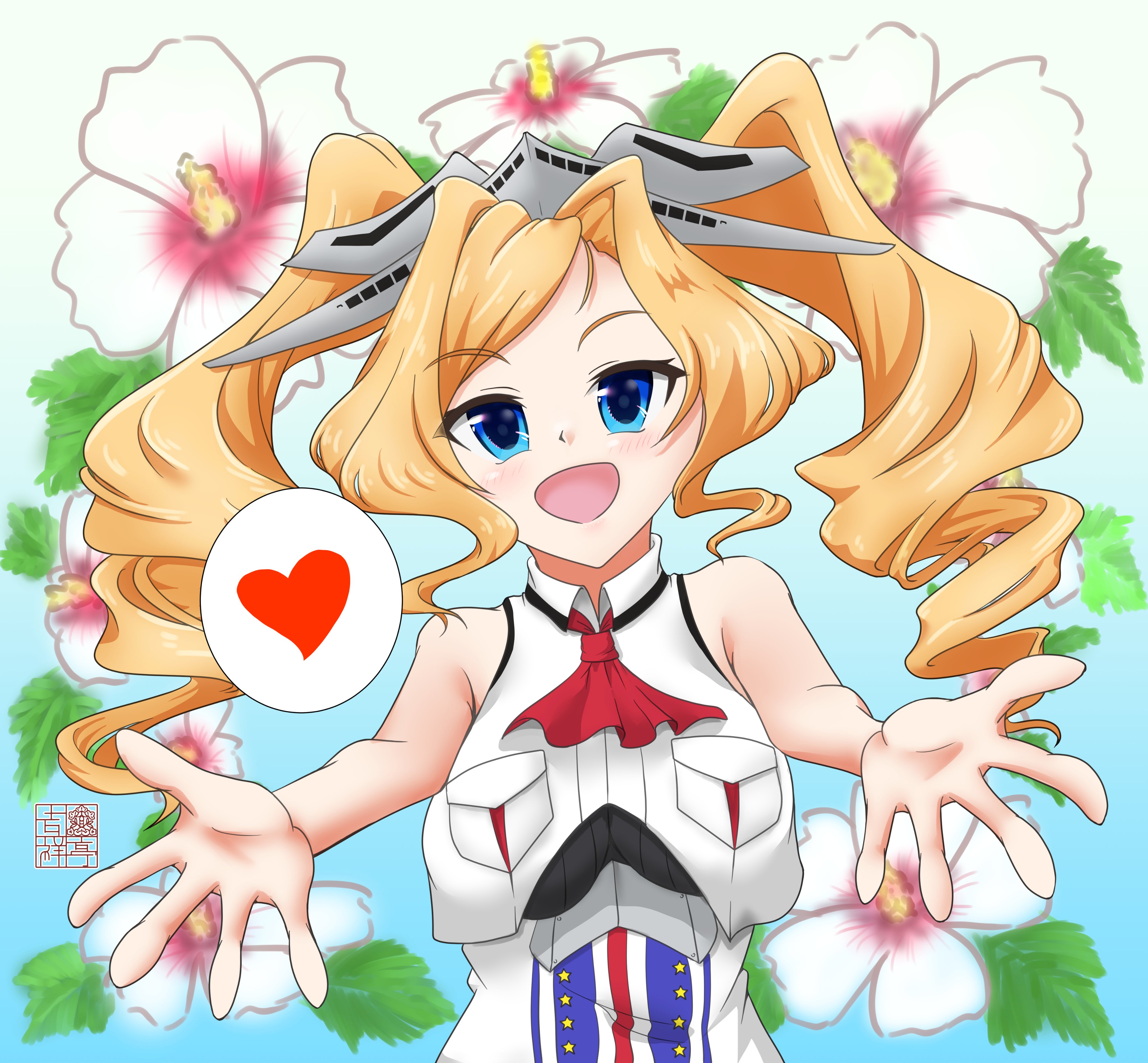 honolulu (kancolle), kantai collection, absurdres, commentary request, highres, 1girl, artist logo, blonde hair, blue eyes, breast pocket, drill hair, flower, heart, incoming hug, kisshoutei, logo, long hair, military uniform, one-hour drawing challenge, pocket, sleeveless, sleeveless jacket, smile, solo, spoken heart, twin drills, twintails, upper body