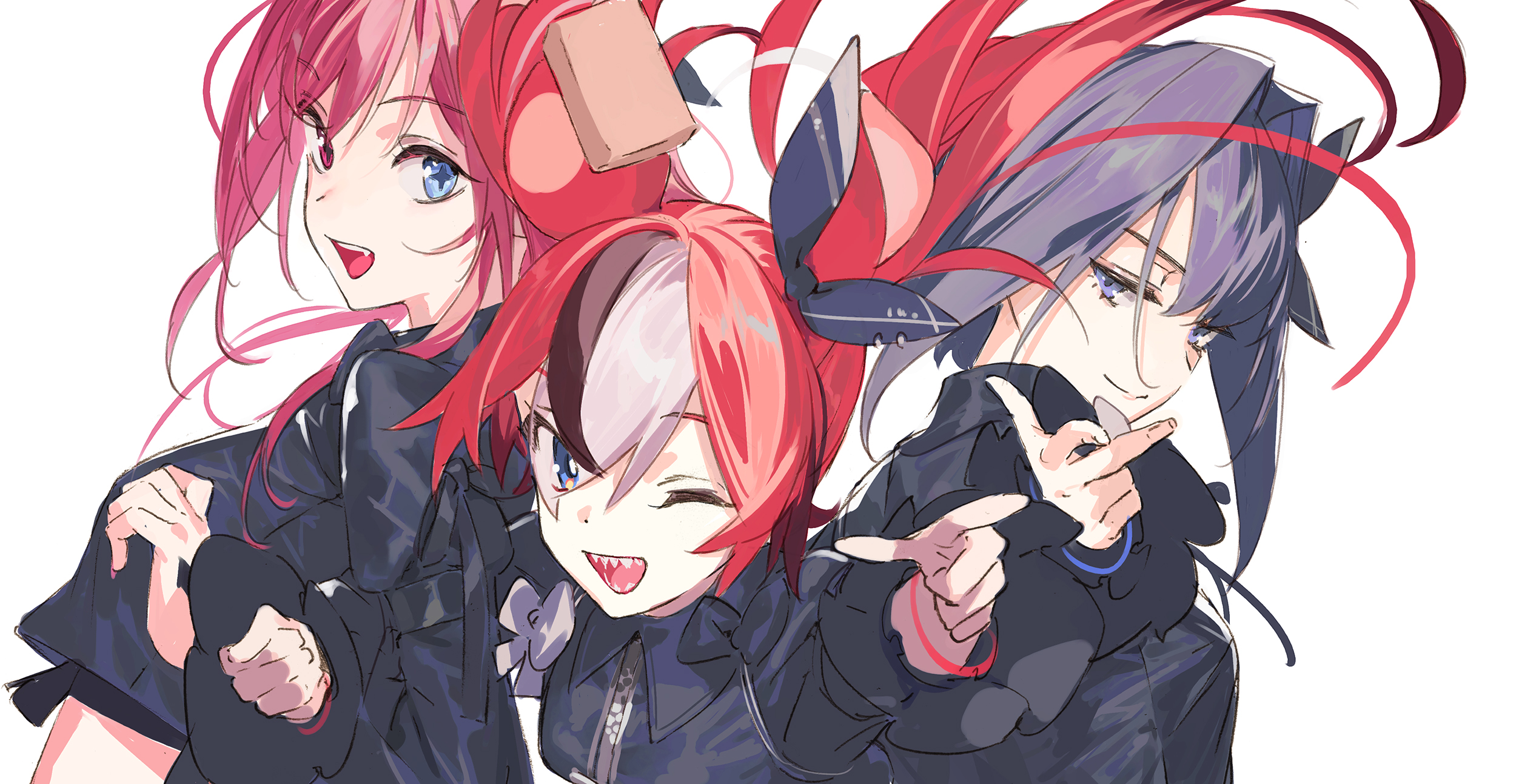 pako (pakosun), hakos baelz, ouro kronii, hololive, hololive english, holopromise, highres, 3girls, ;d, animal ears, black hair, black jacket, blue eyes, blue hair, bright pupils, closed mouth, cropped jacket, fang, fanged bangs, hair between eyes, hair intakes, hair ribbon, jacket, locked arms, long hair, looking at viewer, mouse ears, mouse girl, multicolored hair, multiple girls, official alternate costume, one eye closed, open mouth, outstretched arm, purple eyes, purple hair, red hair, ribbon, sharp teeth, short hair, simple background, smile, star-shaped pupils, star (symbol), streaked hair, symbol-shaped pupils, teeth, twintails, virtual youtuber, white background, white hair, white pupils