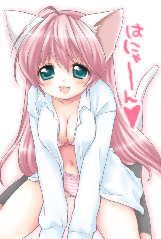 usashiro mani, original, bad id, bad pixiv id, 1girl, animal ears, breasts, cat ears, cat tail, fang, female focus, large breasts, open clothes, open shirt, panties, shirt, socks, solo, striped clothes, striped panties, tail, underwear