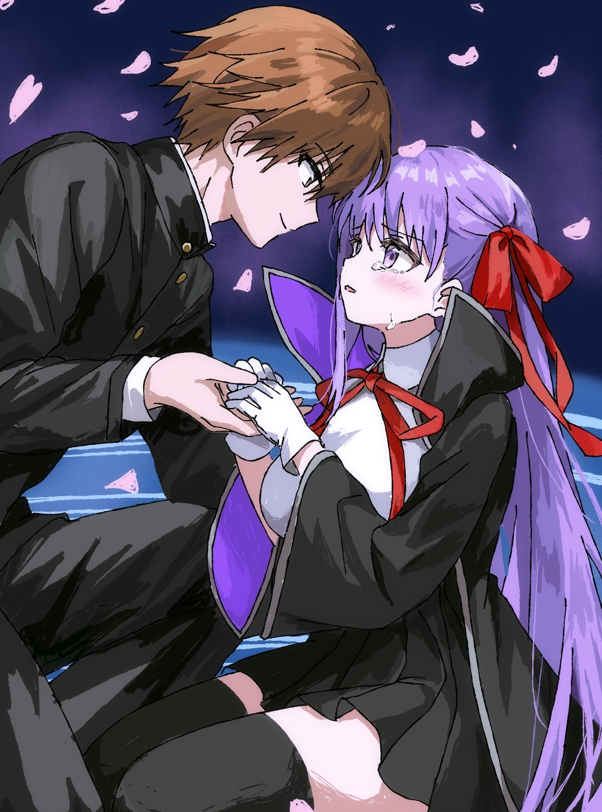 bb (fate), bb (fate/extra), kishinami hakuno (male), fate/extra, fate/extra ccc, fate (series), commentary, highres, 1boy, 1girl, black jacket, black skirt, black thighhighs, blush, brown eyes, brown hair, eye contact, gakuran, gloves, hair ribbon, holding hands, jacket, long hair, looking at another, neck ribbon, open clothes, open jacket, petals, profile, purple eyes, purple hair, red ribbon, ribbon, school uniform, short hair, sitting, skirt, syst098, tears, thighhighs, tsukumihara academy uniform (fate/extra ccc), very long hair, white gloves