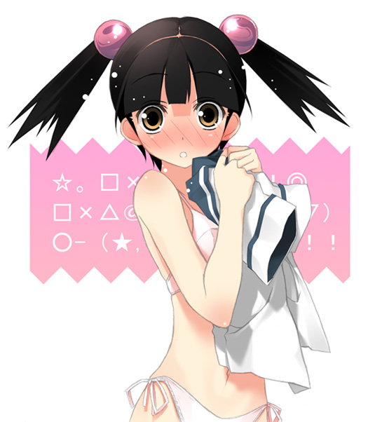 kantoku, otonashi meru, sayonara zetsubou sensei, 00s, 1girl, :o, black hair, blush, bra, female focus, full-face blush, hair bobbles, hair ornament, lingerie, long hair, looking at viewer, nose blush, orange eyes, panties, pink bra, pink panties, school uniform, serafuku, shirt, side-tie panties, solo, twintails, underwear, underwear only, undressing, unworn shirt