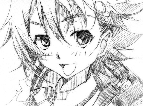 gofu, isurugi noe, true tears, traditional media, 00s, 1girl, backpack, bag, female focus, greyscale, hair ornament, monochrome, school uniform, short hair, sketch, smile, solo