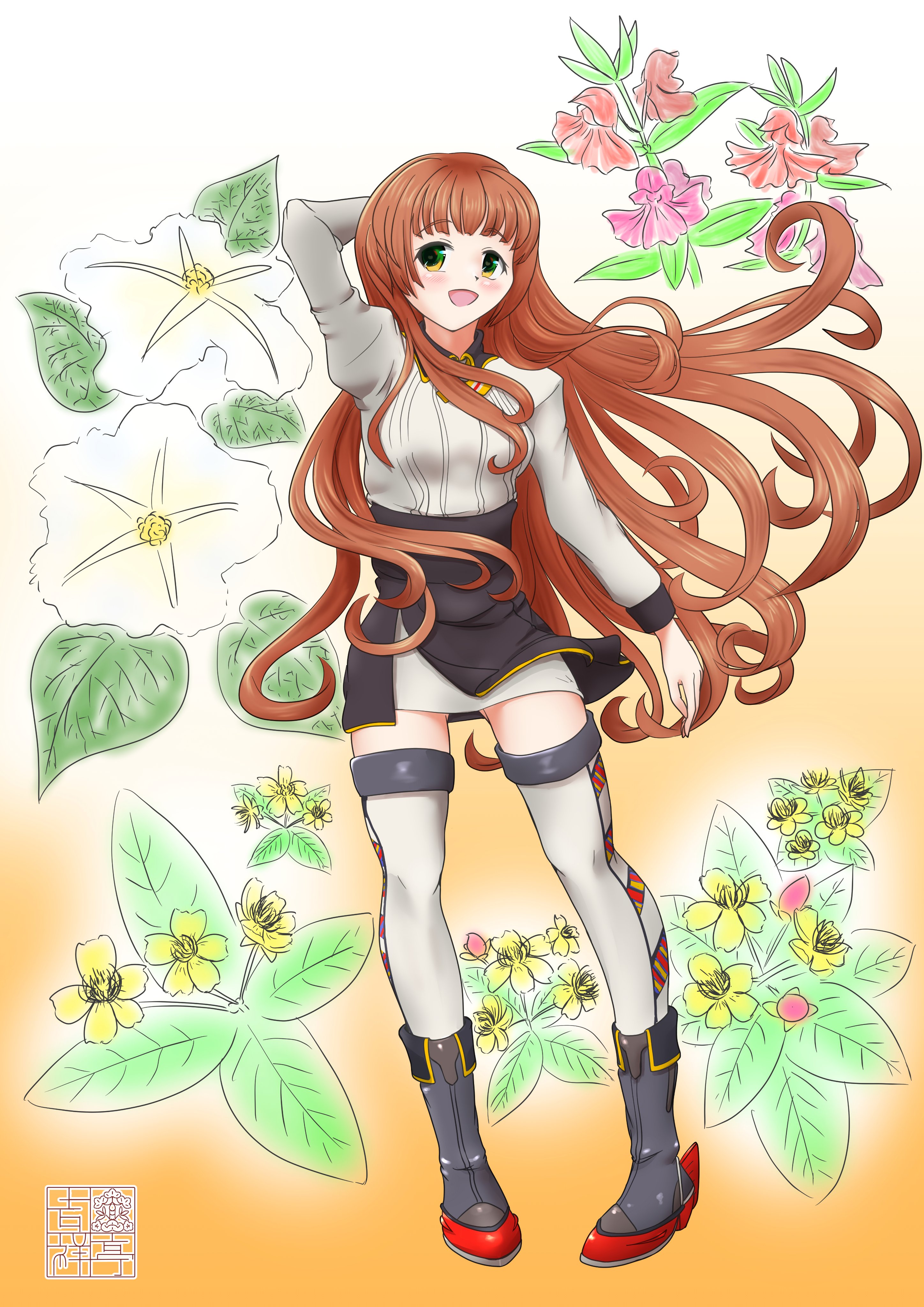 helena (kancolle), helena kai (kancolle), kantai collection, absurdres, highres, 1girl, black overskirt, boots, brown hair, flower, full body, green eyes, grey boots, juliet sleeves, kisshoutei, long hair, long sleeves, neck ribbon, one-hour drawing challenge, puffy sleeves, ribbon, rudder footwear, shirt, skirt, smile, solo, thighhighs, white shirt, white skirt, white thighhighs, yellow ribbon