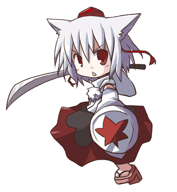 dorua (dollar), inubashiri momiji, touhou, lowres, 1girl, animal ears, blush stickers, female focus, geta, hat, long skirt, red eyes, shield, skirt, solo, sword, tengu-geta, tokin hat, weapon, white hair, wolf ears