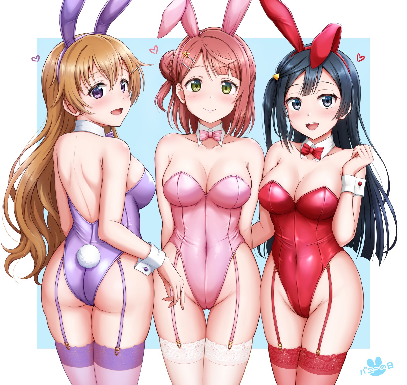 ckst, konoe kanata, uehara ayumu, yuki setsuna, love live!, love live! nijigasaki high school idol club, highres, 3girls, animal ears, arm at side, ass, black hair, blue background, bow, bowtie, breasts, brown hair, cleavage, closed mouth, collarbone, detached collar, garter straps, grey eyes, hair between eyes, hair bun, large breasts, leotard, long hair, looking at viewer, looking back, medium breasts, multiple girls, open mouth, pink bow, pink bowtie, pink hair, playboy bunny, purple bow, purple bowtie, purple eyes, purple thighhighs, rabbit ears, rabbit tail, red bow, red bowtie, red thighhighs, short hair, side ponytail, simple background, single side bun, smile, strapless, strapless leotard, tail, thigh gap, thighhighs, thighs, wavy hair, white thighhighs, white wrist cuffs, wide hips, wrist cuffs, yellow eyes