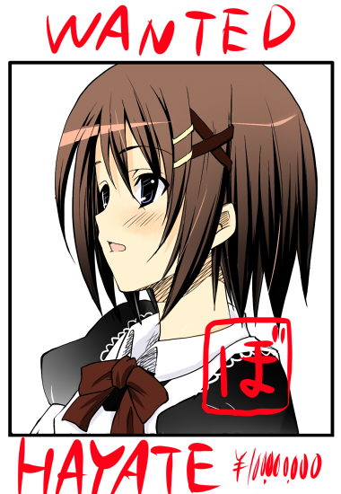 boshinote, yagami hayate, lyrical nanoha, mahou shoujo lyrical nanoha, mahou shoujo lyrical nanoha strikers, 00s, 1girl, blue eyes, blush, bow, bowtie, brown hair, character name, collar, english text, female focus, from side, hair ornament, hairclip, red bow, red bowtie, simple background, solo, text focus, upper body, wanted poster, white background, x hair ornament