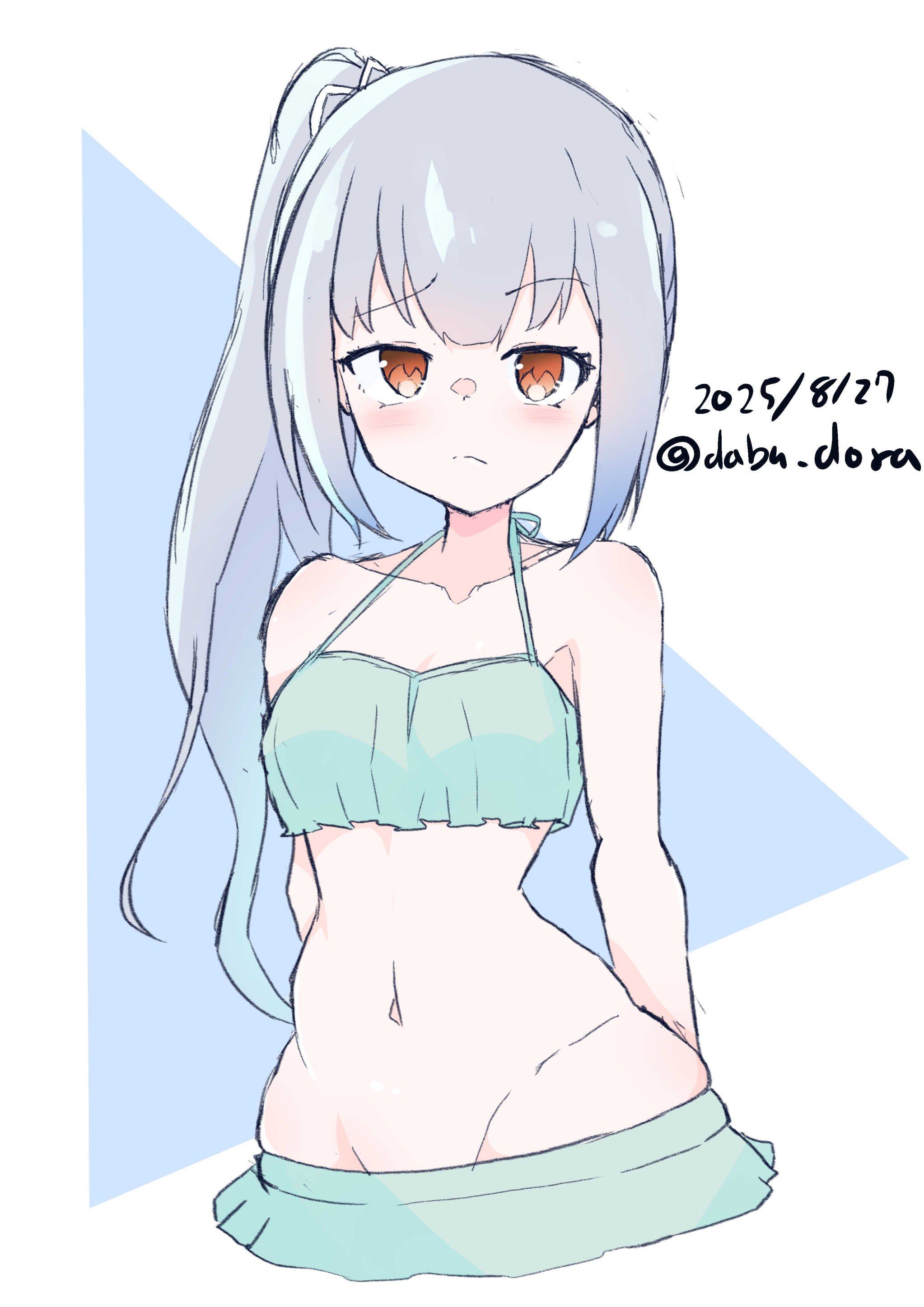 dabu dora, kasumi (kancolle), kasumi kai ni (kancolle), kasumi kai ni (swimsuit) (kancolle), kantai collection, absurdres, highres, 1girl, arms behind back, bikini, bikini skirt, dated, green bikini, grey hair, looking at viewer, lowleg, lowleg bikini, navel, one-hour drawing challenge, red eyes, ruffle bikini, side ponytail, solo, swimsuit, twitter username, two-tone background, upper body