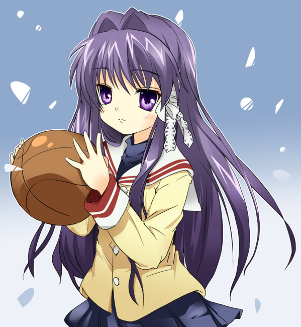 ixy, fujibayashi kyou, clannad, 00s, ball, basketball, basketball (object), long hair, purple eyes, purple hair, ribbon, school uniform, serafuku