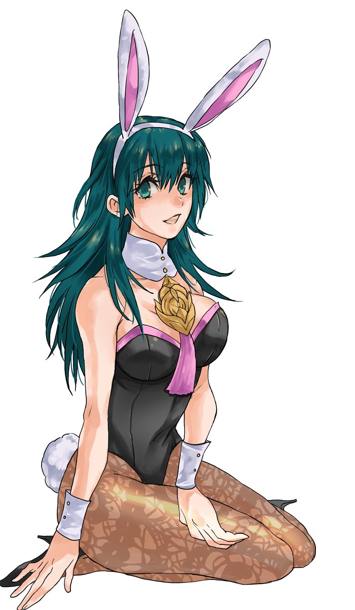 bryminoru, female byleth (fire emblem), fire emblem, fire emblem: three houses, nintendo, commentary request, highres, 1girl, alternate costume, animal ears, bare shoulders, black leotard, blue eyes, blue hair, breasts, brown pantyhose, collarbone, detached collar, fake animal ears, fake tail, high heels, large breasts, leotard, long hair, looking at viewer, pantyhose, playboy bunny, rabbit ears, simple background, solo, tail, thighs, white background
