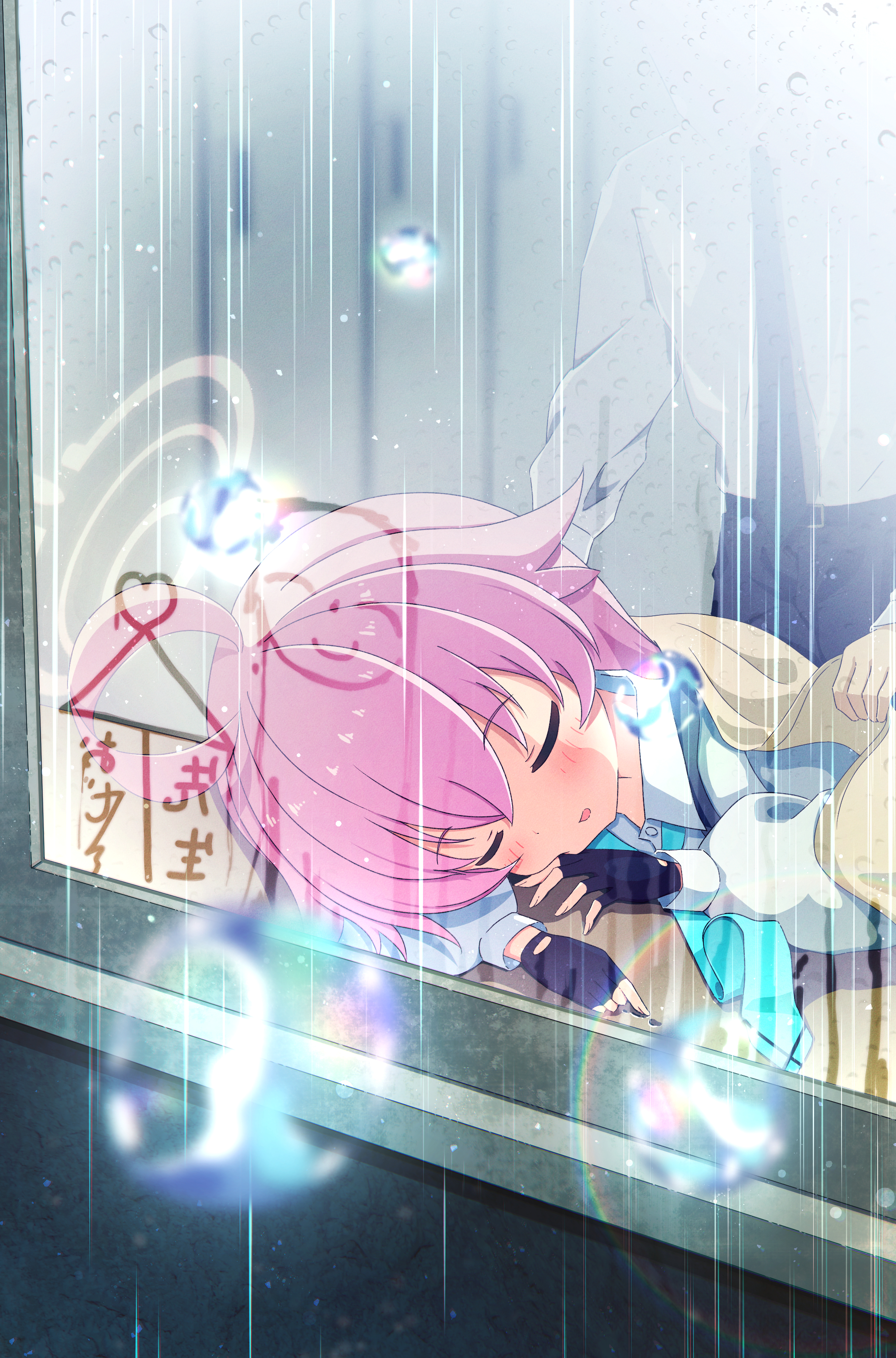 sharu06051, doodle sensei (blue archive), hoshino (blue archive), sensei (blue archive), blue archive, absurdres, commentary request, highres, 1boy, 1girl, ahoge, aqua necktie, black gloves, blanket, blush, closed eyes, fingerless gloves, glass writing, gloves, halo, leaning forward, long hair, long sleeves, necktie, parted lips, pink hair, pink halo, rain, shirt, sleeping, solo focus, white shirt, window
