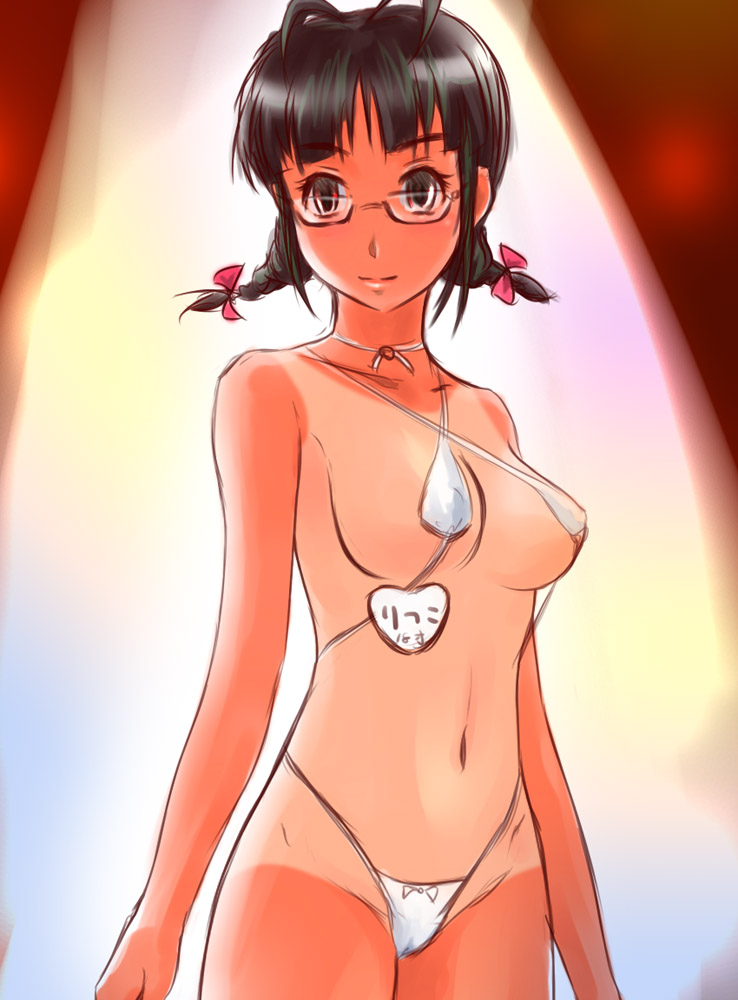 asaki yuki, akizuki ritsuko, idolmaster, idolmaster (classic), idolmaster 1, 00s, 1girl, bikini, black hair, brown eyes, female focus, glasses, micro bikini, one-piece tan, solo, swimsuit, tan, tanline, twintails, white bikini
