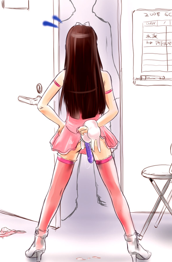 asaki yuki, minase iori, usa-chan, idolmaster, idolmaster (classic), idolmaster 1, 00s, 1girl, arm behind back, boots, brown hair, caught, clothes lift, dildo, door, dress, dress lift, female focus, hand on own hip, high heel boots, high heels, legs, legs apart, loli, long hair, no panties, panties, pussy juice, sex toy, shoes, solo, standing, strap-on, stuffed animal, stuffed rabbit, stuffed toy, thighhighs, underwear, unworn panties, vibrator, walk-in