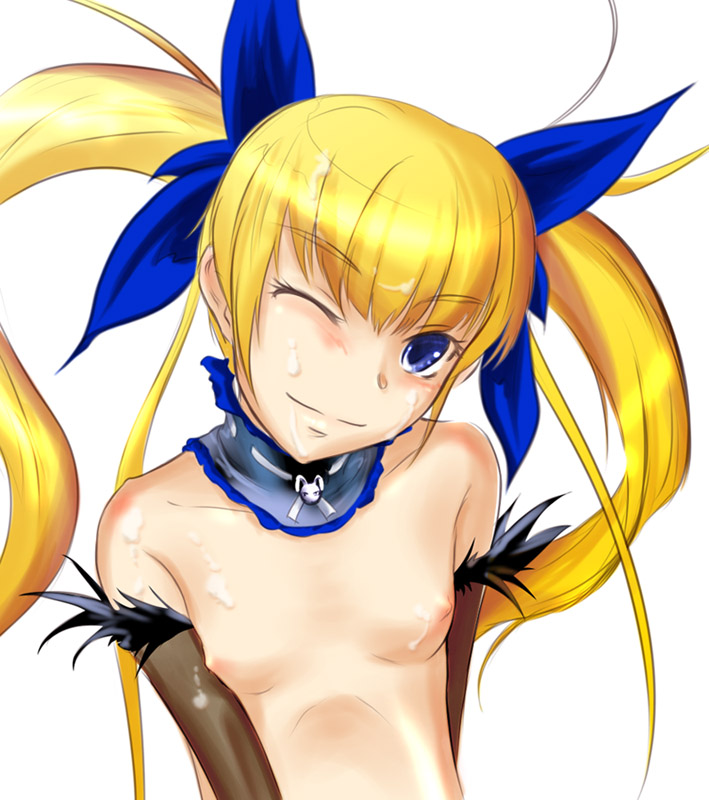 asaki yuki, marion, gunbird, 1girl, aftersex, blonde hair, blue eyes, blush, breasts, choker, cum, cum on body, cum on breasts, cum on hair, cum on upper body, elbow gloves, facial, female focus, flat chest, fur trim, gloves, hair ribbon, head tilt, long hair, nipples, nude, one eye closed, pom pom (cheerleading), rabbit, ribbon, simple background, smile, solo, twintails, upper body, wink