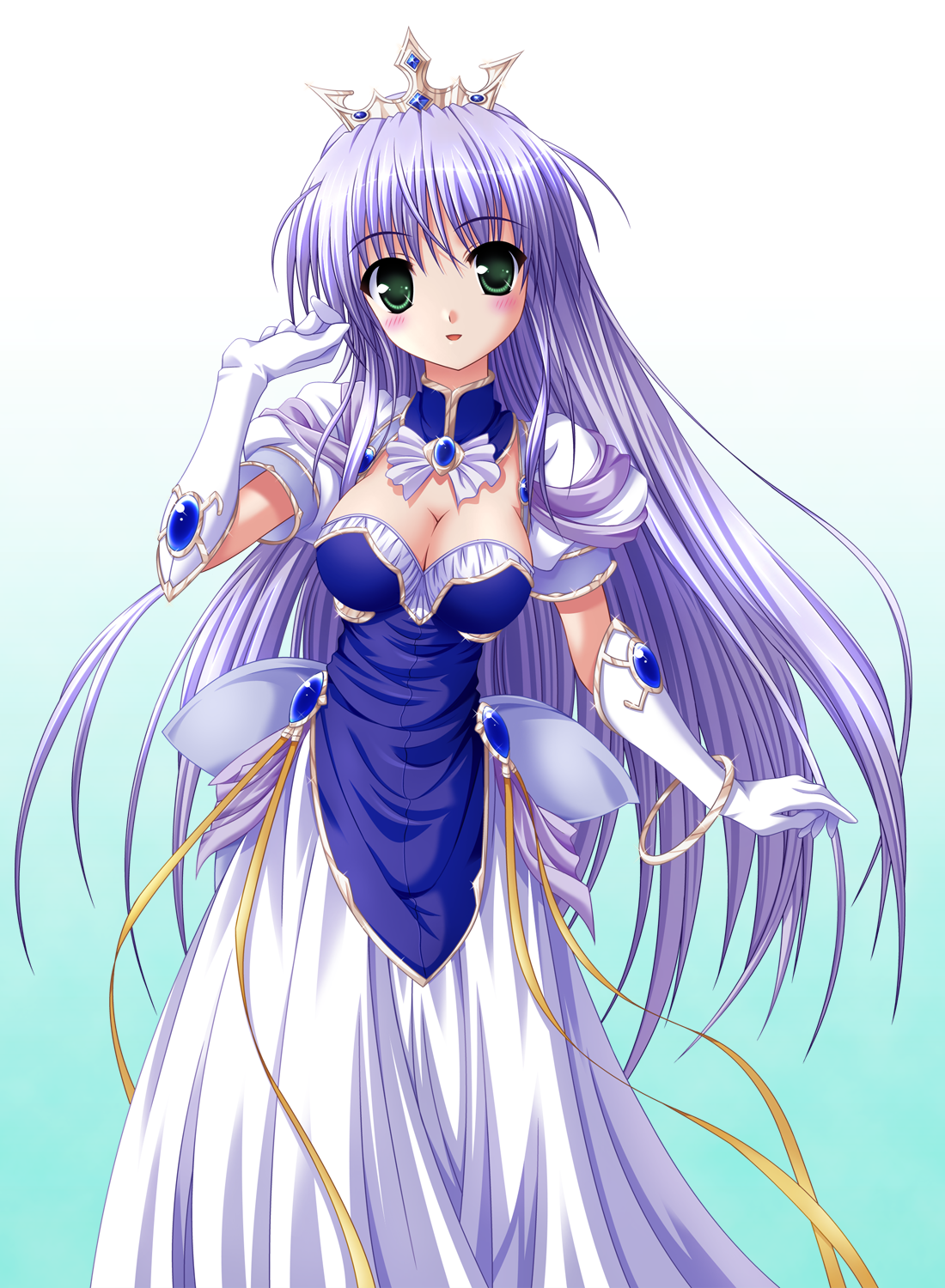 bekkankou, feena fam earthlight, yoake mae yori ruri iro na, highres, non-web source, 1girl, breasts, cleavage, crown, dress, elbow gloves, female focus, gloves, green eyes, hat, long hair, purple hair, solo, very long hair