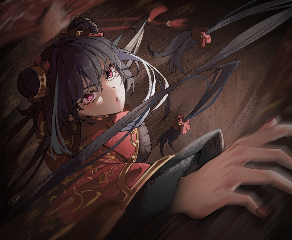 lannfo, jia xichun (project moon), limbus company, project moon, commentary, 1girl, :o, black hair, chinese clothes, double bun, hair bun, long hair, long sleeves, looking at viewer, multicolored hair, pink eyes, red nails, serious, solo, streaked hair, twintails