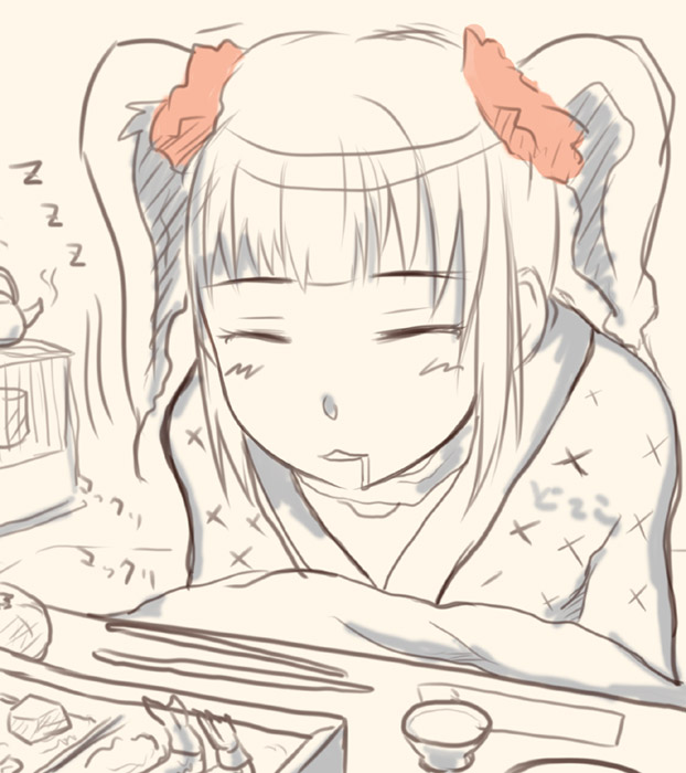 asaki yuki, 1girl, female focus, food, monochrome, saliva, sketch, solo, spot color, twintails