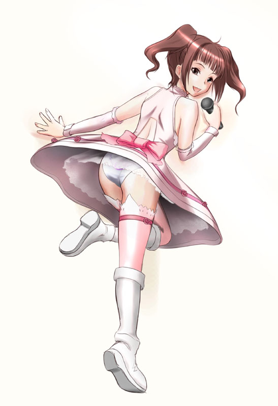 asaki yuki, boots, brown eyes, brown hair, dress, microphone, solo, thighhighs