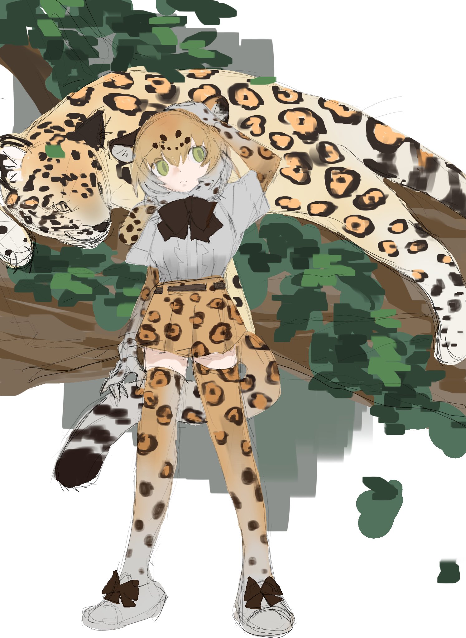 ptyynghere, jaguar (kemono friends), kemono friends, highres, 1girl, animal, animal ears, animal print, arm up, arms at sides, behind another, belt, black bow, black bowtie, black hair, bow, bowtie, closed mouth, creature and personification, elbow gloves, footwear bow, fur scarf, gloves, green eyes, grey hair, grey shirt, hair between eyes, hand on own head, jaguar, jaguar ears, jaguar girl, jaguar tail, legs apart, leopard print, looking to the side, medium hair, miniskirt, multicolored hair, orange hair, oversized animal, personification, print gloves, print scarf, print skirt, print thighhighs, scarf, shirt, shirt tucked in, shoes, short sleeves, sketch, skirt, standing, tail, thighhighs, zettai ryouiki