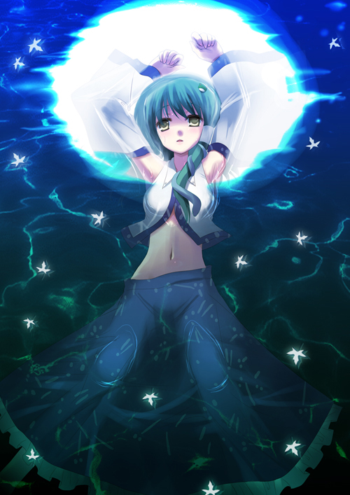 yukizuki chikuba, kochiya sanae, touhou, 1girl, arms up, collared shirt, detached sleeves, female focus, frog, from above, full moon, green hair, hair ornament, leaf, lying, maple leaf, midriff, moon, moonlight, navel, reflection, shirt, solo, submerged, water, wet