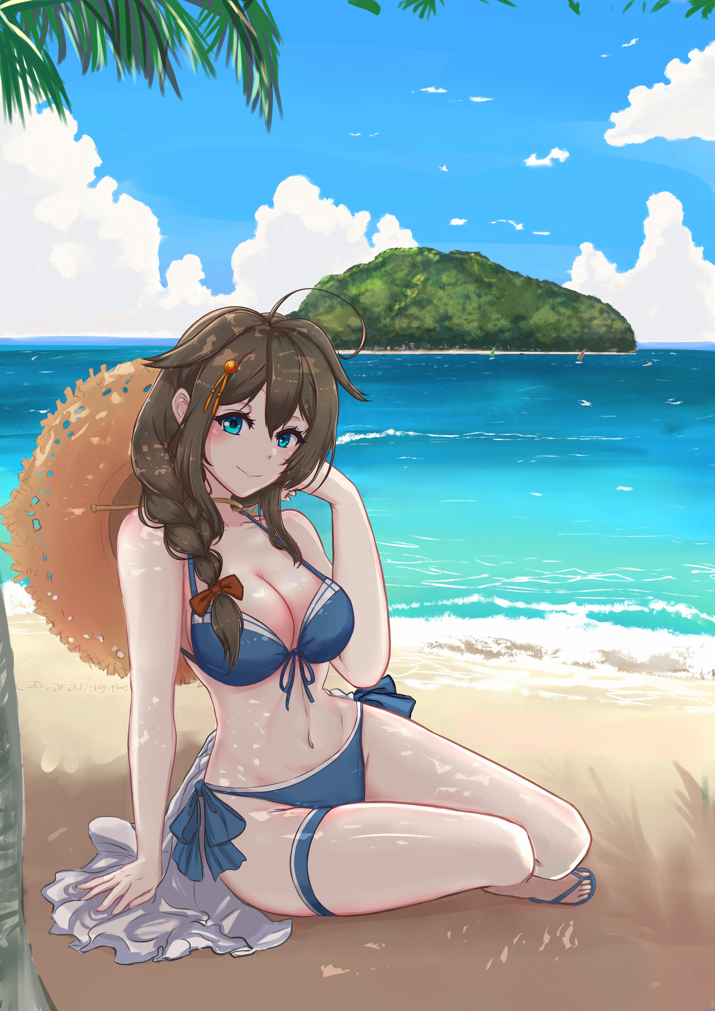 arashigure, shigure (kancolle), shigure kai san (kancolle), shigure kai san (swimsuit) (kancolle), kantai collection, absurdres, commentary, english commentary, highres, 1girl, beach, bikini, blue bikini, blue eyes, blue sky, braid, breasts, brown hat, cleavage, cloud, day, front-tie bikini top, front-tie top, hair between eyes, hair flaps, hair over shoulder, hat, horizon, island, long hair, medium breasts, ocean, official alternate costume, outdoors, showgirl skirt, side-tie bikini bottom, single braid, sitting, sky, solo, straw hat, sun hat, swimsuit, yokozuwari