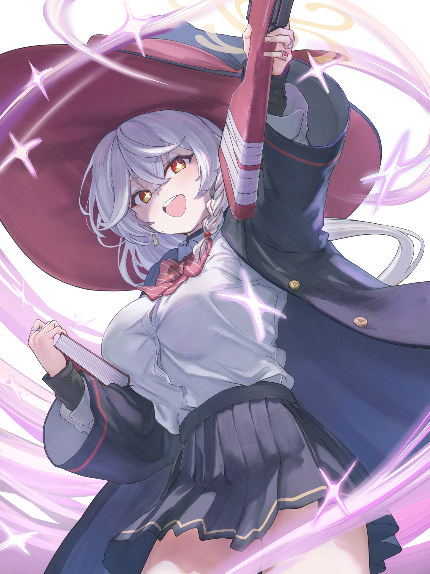 marulire, eri (blue archive), blue archive, highres, 1girl, aiming, bolt action, book, bow, bowtie, braid, breasts, carcano, gun, halo, hat, holding, holding weapon, large breasts, long hair, red streaks, rifle, shirt, side halo, skirt, solo, tilted halo, weapon, white shirt, witch hat
